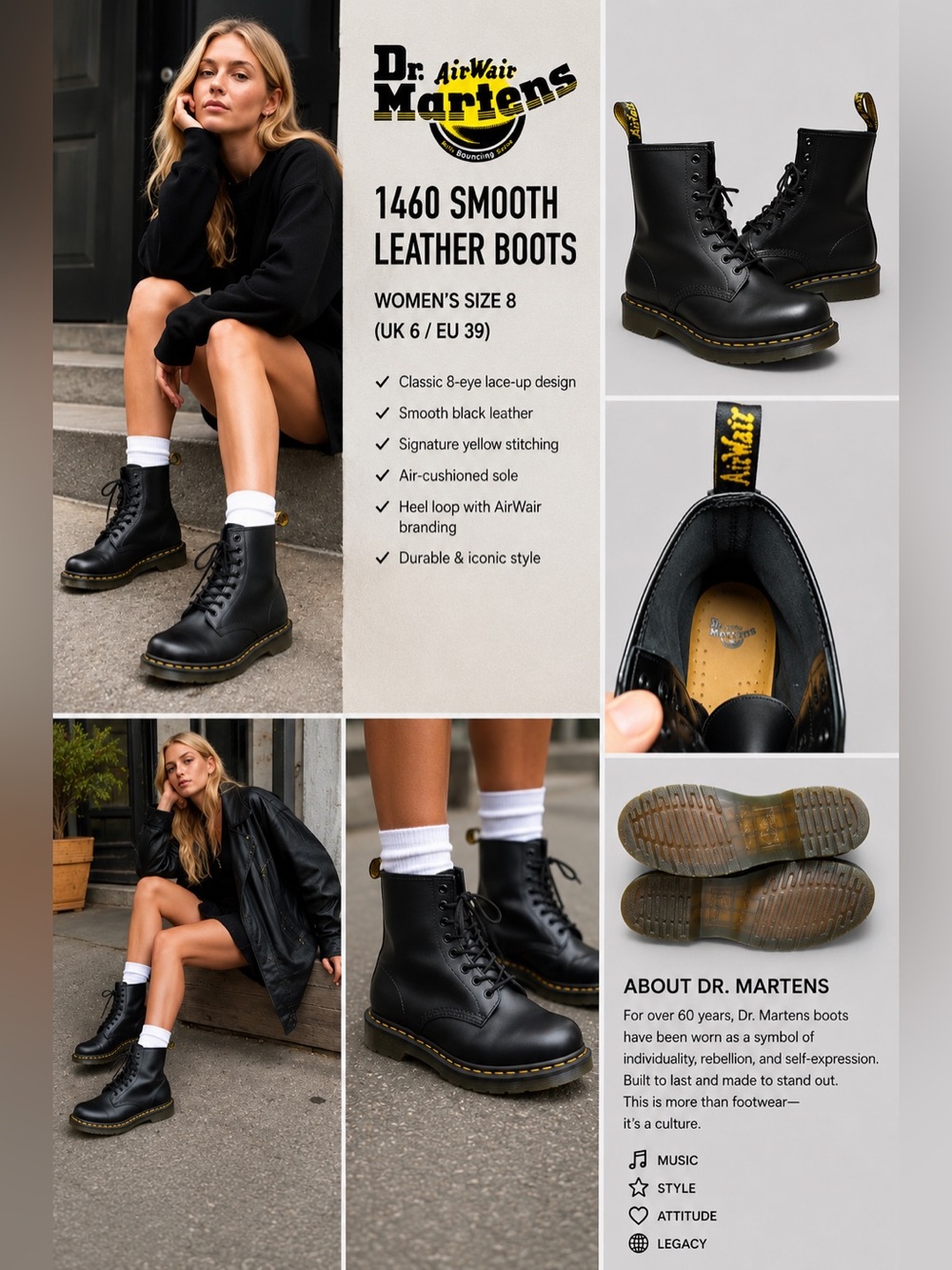 Dr. Martens 1460 WOMEN'S
Smooth Leather Lace Up Boots Size 8 (UK 6 / EU 39)